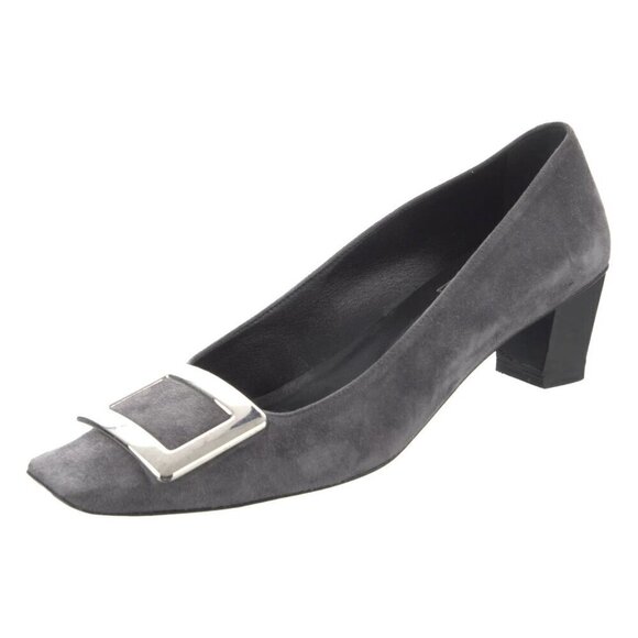 Roger Vivier Belle Buckle Grey Suede Pumps Kitten Heels Sz 5 - Picture 1 of 10